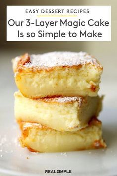 3-Layer Magic Cake Is Surprisingly Simple to Make | Click here for our easy 6-ingredient custard cake recipe that is so simple to make. This easy cake recipe can be transformed for any special occasion with your favorite seasonal ingredients. #dessertrecipes #cakeideas #realsimple #easycakerecipe Apple Magic Cake Recipe, Magic Cake Taste Of Home, Lemon Magic Custard Cake Recipe, Soft And Moist Cake Recipe, The Thing Cake Recipe, Magic Layer Cake, 3 Layer Magic Cake Recipe, Not Too Sweet Cake Recipes, 3 Recipe Desserts