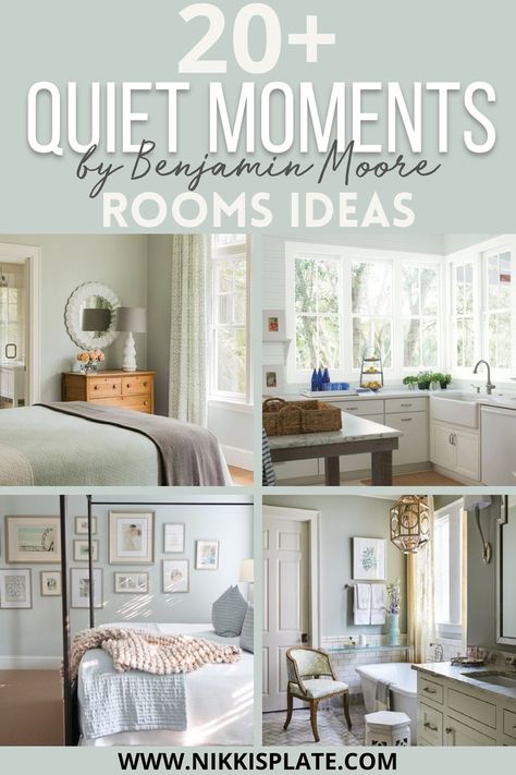 Benjamin Moore Quiet Moments Paint Color: pale blue paint color inspiration for a tranquil and serene room. Light Blue Paint For Living Room, Bm Quiet Moments Bedroom, Tranquil Primary Bedroom, Benjamin Moore Quiet Moments Kitchen, Benjamin Moore Paint Colors For Bedroom, Benjamin Moore October Mist Bedroom, Bm Quiet Moments Paint, Tranquility Paint Color Benjamin Moore, Benjamin Moore Quiet Moments Living Room