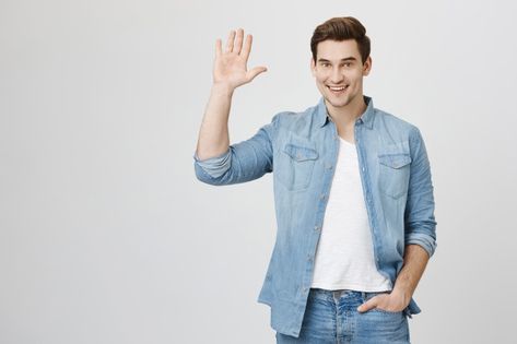 Friendly guy waving hand, saying hello | Free Photo #Freepik #freephoto #people #hand #fashion #man Bonito, Guy Waving Drawing, Waving Hand Pose Reference, Guy Waving, Step By Step Sketches, Artistic Portrait Photography, Waving Hand, Hello Photo, Hand On Head