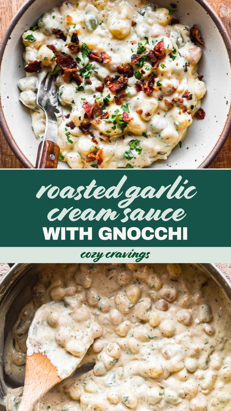 This Roasted Garlic Cream Sauce with Gnocchi is incredibly decadent and rich with so much flavor thanks to a whole head of roasted garlic, bacon, fresh parsley, and plenty of parmesan. The gnocchi are cooked right in the sauce making it an easy one pan meal. Shrimp And Gnocchi With Garlic Parmesan Cream Sauce, Gnocchi With White Sauce, Potato Gnocchi Recipes Sauces, Gnocchi And Cream Sauce, Gnocchi Garlic Butter Sauce, Fine Dining Gnocchi Recipes, White Savory Food, Parmesan Gnocchi Recipes, Gnocchi Recipes Cream Sauce