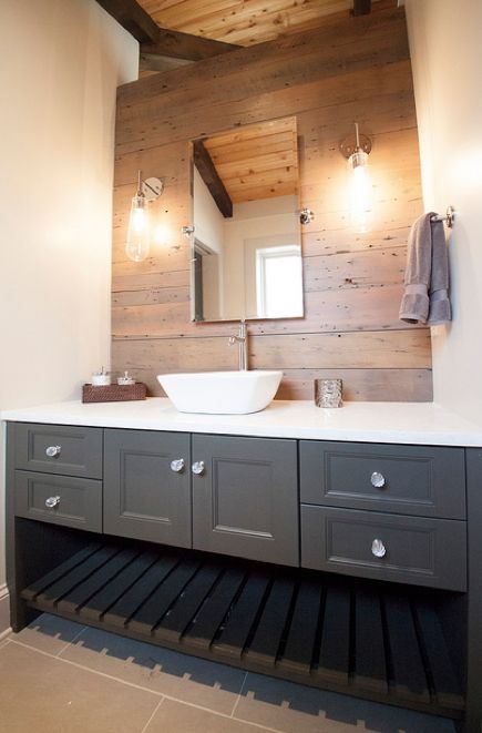 Gray Bathroom Vanity - reclaimed wood accent wall -Country - bathroom - Lucy and Company Reclaimed Wood Bathroom Vanity, Rustic Powder Room, Reclaimed Wood Accent Wall, Wood Plank Walls, Ranch Remodel, Diy Bathroom Vanity, Grey Bathroom Vanity, Gray Vanity, Wood Accent Wall