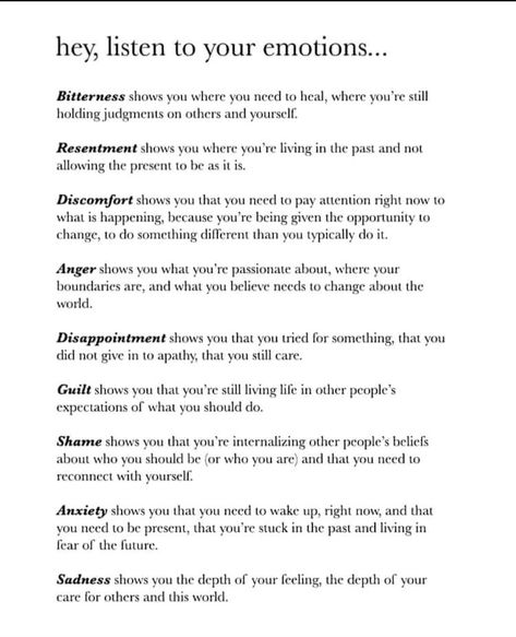 Emotional Health Signals Most definitely, we have to listen to our emotions & in the process reverse it for the betterment of your spiritual, mental & physical health/growth. No matter about what our past was like & age; there is always room for change & improvement. Most of the times when we hold on to negative emotions for long periods there is always either consequences, regrets or we miss out on our blessings/positive opportunities. Support Group Activities, Vitamin Cheat Sheet, List Of Emotions, Love Thyself, What Is Health, Toxic Relationship, Group Activities, Anger Management, Marriage Tips