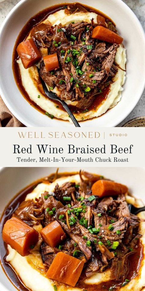 Polenta With Beef, Red Wine Braised Pot Roast Slow Cooker, Braised Beef Red Wine, Instapot Braised Beef, Healthy Dinner Red Meat, Red Wine Beef Recipes, Beef Fall Recipes, Slow Braised Beef, Beef On Mashed Potatoes