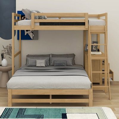 Made of solid pine and MDF, this bunk bed frame is sturdy and durable. The upper bed can hold up to 250 pounds and the lower bed can hold up to 400 pounds, making it perfect for children. The bunk bed comes with full-length guard rails to ensure child safety. The bunk bed design efficiently utilizes vertical space, freeing up space under the bed. It can also be divided into two separate beds for easier use. | Harriet Bee Jamarrio Twin over Full Bunk Bed w/ Built-in Desk and Three Drawers Brown 6 Bunk Bed For Adults Macy's, Bunk Bed King Size, Loft Bed Twin Over Full Small Kids, Bunk Trundle Bed, Adult Bunk Beds For Small Room Overstock, Bunk Single Bed, Bunk Bed Turned Loft Bed, Twin Bunk Over Futon With Stairs, Corner Bunk Beds With Trundle