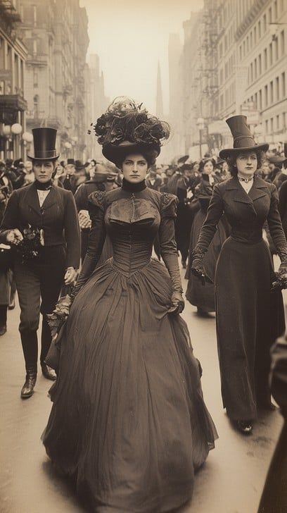 Elegantly dressed figures in vintage fashion walk confidently down a bustling city street during a parade. Zigfield Follies Vintage Photos, Vintage Portraits Of Women, 1920s Photography, 1900 Fashion Plate, 1920 Women's Fashion, Early 1900s Fashion, Old Vintage Photos, Graceful Lady, Old Time Photos