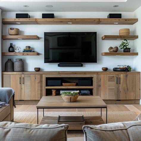 Blank Wall Tv Ideas, Floating Shelves By Tv Living Rooms, Molding Around Tv On Wall, Open Shelf Entertainment Center, Shelves On Each Side Of Tv, Shelves On Sides Of Tv, Tv Wall Design With Shelves, Floating Shelves On Sides Of Tv, Dark Wood And Grey Living Room