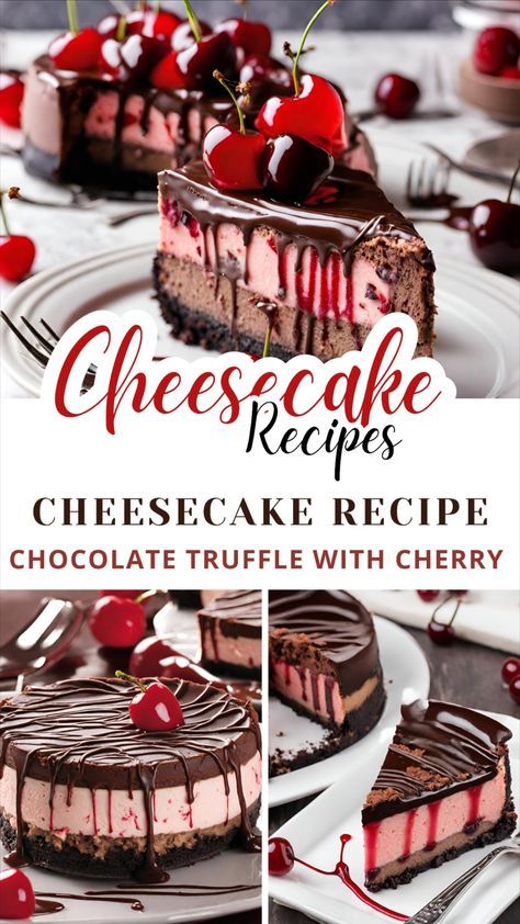 Indulge in pure decadence with our French Kiss Chocolate Truffle Cherry Cheesecake - a luxurious treat for chocolate and cherry lovers! 💋🍰 cheesecake recipes, strawberry cheesecake, new york cheesecake recipes, cheesecake recipes easy no bake, baking recipes, cherry cheesecake recipes, cake recipes, cheesecake recipes easy, cheesecake French Style Cheesecake Recipe, Cheesecake For Birthday, Cherry Cheesecake Recipes, No Bake Baking, Cake Recipes Cheesecake, Cheesecake Recipes Easy No Bake, Cherry Chocolate Cheesecake, New York Cheesecake Recipes, Cheesecake Recipes Easy