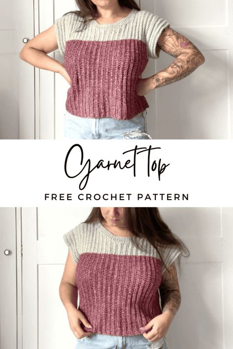 A light, loose cropped t shirt crochet pattern in sizes XS to 5X. Quick to make with ribbed texture and clean colour blocks! Crochet T-shirt, Crochet Shirt Pattern Free, Knitted Crop Top Pattern Free, Crochet Tees, Crochet Shirt Free Pattern, Knit Crop Top Pattern, Shawls Design, Witch Amigurumi, Crochet Shirt Pattern