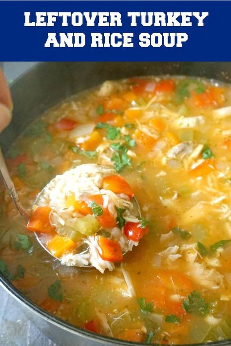 One-Pot Leftover Turkey Rice Soup, a quick and easy recipe for chilly days. This hearty homemade soup is loaded with veggies, it's healthy, and ready in well under 30 minutes. A favourite soup with kids and grown-ups alike, the soup can be made with leftover chicken too, or any other leftover meat. Comfort food at its best, this turkey soup is soothing and just perfect for colds and flu too #leftoverturkey, #turkeyrecipes, #turkeysoup, #soup, #healthyfood, #kidsfoodideas, #comfortfood Essen, Leftover Turkey Rice Soup, Homemade Turkey Soup, Turkey Rice Soup, Leftover Turkey Soup, Turkey Rice, Turkey Soup Recipe, Rice Soup Recipes, Leftovers Soup