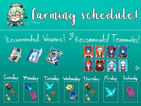 give credit to me (@uyzouh) whenever you share or repost <3 Genshin Farming Schedule, Sucrose Genshin Impact, Sunday Monday Tuesday, Sunday Monday, Monday Tuesday Wednesday, Thursday Friday, Monday Tuesday, Scales, Genshin Impact