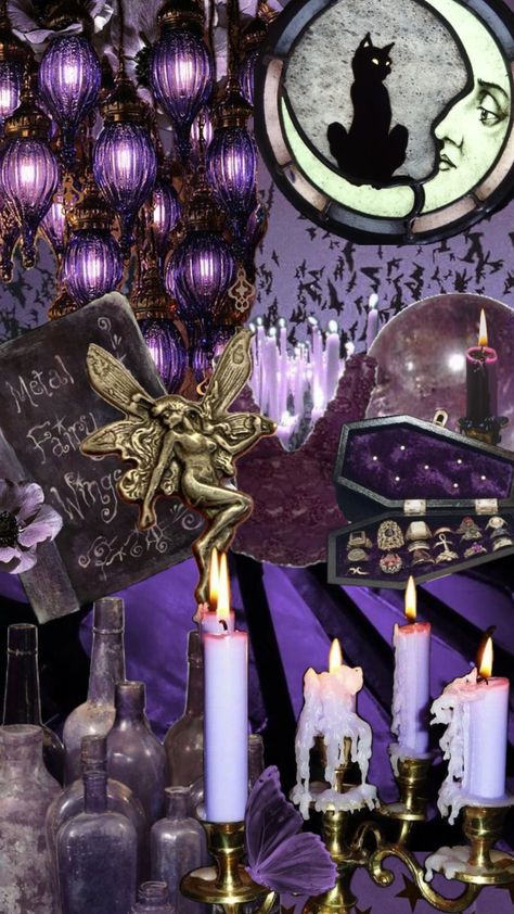 #whimsigoth #witch #purple #90s #fairycore #moon Purple Black And Gold Bedroom, Purple Whimsigoth Aesthetic, Whimsical Witch Aesthetic, Deep Purple Aesthetic Wallpaper, Purple Witch Wallpaper, Halloween Wallpaper Purple, Purple And Green Room, Purple Gothic Aesthetic, 90s Witch Aesthetic