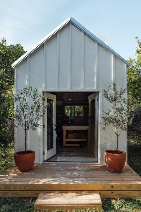 White Shed, Office Shed, Shed Office, Studio Shed, Backyard Studio, Backyard Office, Backyard Sheds, Backyard Shed, Casa Container