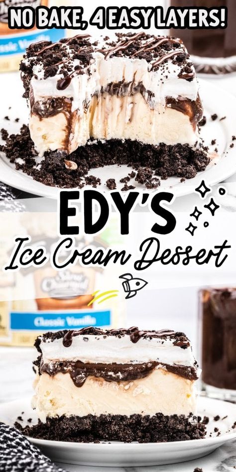 Simple and rich, this delicious homemade ice cream dessert is the perfect cool treat for a hot summer day. A cookie crust is topped with irresistible vanilla ice cream, a layer of whipped topping, hot fudge sauce, and cookie crumbles for a mouthwatering dessert you'll love. Cream Desserts Easy, Ice Cream Desserts Easy, Ice Cream Dessert Recipe, Hot Fudge Sauce, Oreo Ice Cream, Vanilla Fudge, Ice Cream Dessert, Easy Ice Cream, Chocolate Sandwich Cookies