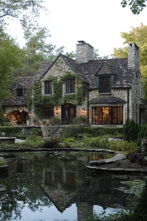 English country house with stone siding multi pitch roof facade overgrown with vine climbers a pond in front with a reflection of the house trees. Discover the charming essentials and cozy vibe that make a cottagecore house your perfect rural escape. Cottages House, Cobblestone Houses, Cozy House Ideas Exterior, Transitional English Cottage, English Stone Houses, English Country Architecture, Older Houses, Scottish House Cottages, House Cozy Exterior