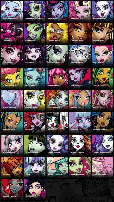 Moster High Characters All, All Of The Monster High Characters, Every Monster High Character, New Monster High Characters, Monster High Character Sheet, Monster High Characters List, Monster High Side Characters, Monster High Characters Drawings, Monster High Original Characters