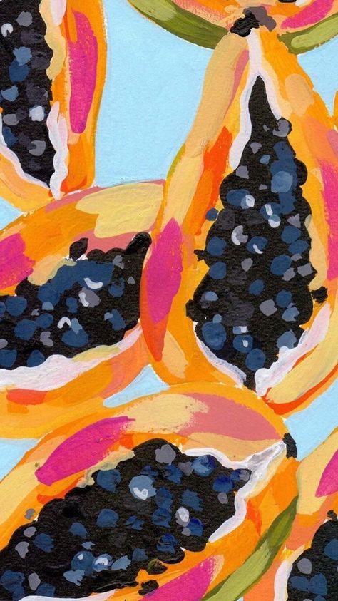 Melissa Gomez Wallpaper Art, Oil Painting Inspo For Beginners, Melissa Gomez Art, Fruits Acrylic Painting, Fruit Wallpaper Aesthetic, Papaya Painting, Canvas Ideas Easy, Akvarel Illustration, Vibrant Paintings