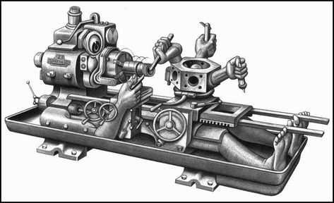 Boris Artzybasheff, Mechanical Art, Metal Lathe, Milling Machines, Funny Horror, Meaningful Art, Machine Shop, Industrial Art, Machine Tools