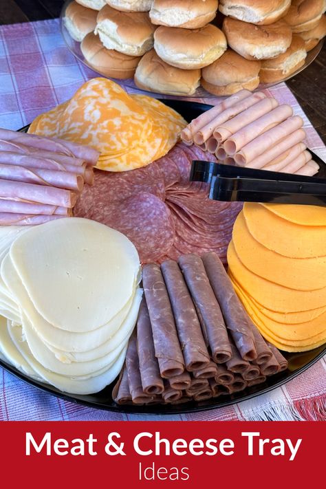 Tray filled with neatly arranged meats and cheeses. Deli Platter Ideas Meat Trays, Make Your Own Sandwich Platter, Deli Tray Ideas Diy Party Platters, Easy Meat And Cheese Tray, Deli Meat Platter, Food Tray Ideas, Deli Platters, German Breakfast, Deli Tray