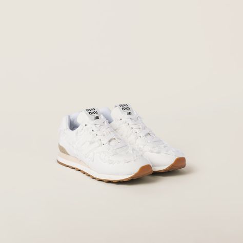 White New Balance 574 x Miu Miu denim sneakers | MIU MIU Miu Miu Denim, Prada 2005, Zapatillas New Balance, Sporty Shoes, Velvet Sneakers, Denim Sneakers, Miu Miu Shoes, Hybrid Design, Exclusive Shoes