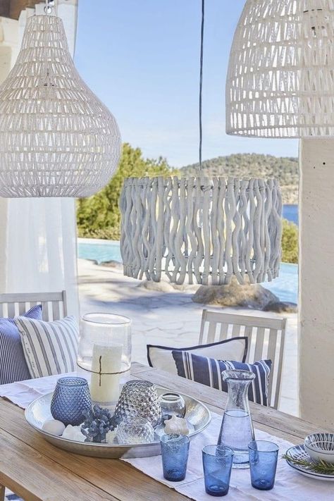 Outdoor Balcony Furniture, Coastal Boho Decor, Blue And White Decor, Balkon Decor, Beach House Interior Design, Coastal Interiors Design, Coastal Boho, Balcony Furniture, Beach House Interior