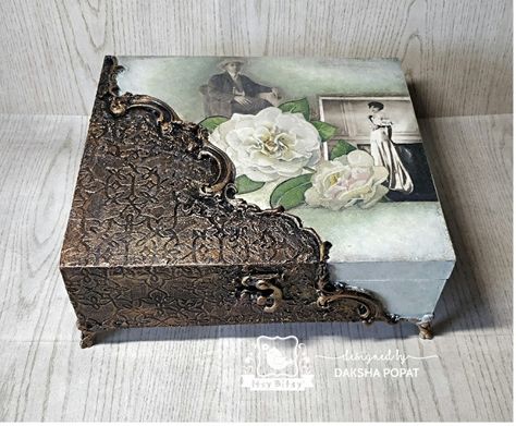 Artwork:Daksha Popat: Vintage style Decoupage box with mixed media Yellow Chalk Paint, Pearl Paint, Gift Wrapping Ideas, Decoupage Diy, Mixed Media Crafts, Decoupage Box, White Chalk Paint, Decoupage Art, Altered Boxes