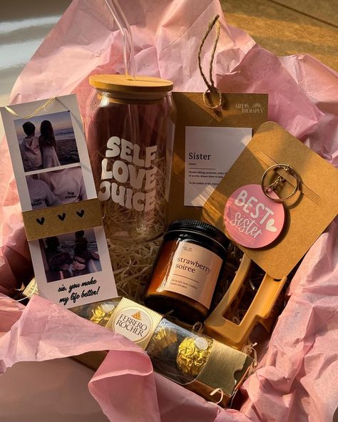 Celebrate Rakshabandhan with our 2024 gift hampers for Bhai and Behen! 🎁💕 Each hamper is filled with love and includes: 🫶 Personalised glassware 🫶 Best Brother/Sister keychain 🫶 Photo strip 🫶 Scented candle 🫶 Ferrero Rocher 🫶 Rakhi for brother/ Claw Clip for sister 🫶 A cute gift note! Show your sibling how much they mean to you with these adorable and thoughtful gifts! 💖✨ #Rakshabandhan2024 #SiblingLove #Artastherapyy Comment below “interested” for the product link 🔗 Accepting orders | ... Gift Hamper For Sister, Diy Gifts For Brother From Sister, Cute Hampers, Gift Ideas For Siblings, Cute Hamper, Keychain Photo, Rakhi For Brother, Personalized Glassware, Photo Strip