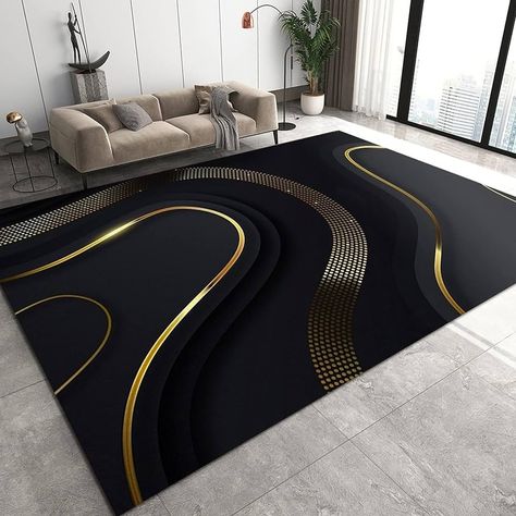 Amazon.com: TAZECE Abstract Black Gold Ribbon Living Room Rug, Stylish 3D Black Background Soft Breathable Bedroom Rug, with Anti-Slip Backing, Easy to Clean Rugs, for Office Restaurant Entrance 5x7ft : Home & Kitchen Beautiful Area Rugs, 70 Bougie Things On Amazon, Black And Gold Rugs, Living Rugs Ideas, Black Gold White Living Room, Black And Gold Living Room Decor, Black And Gold Living Room Ideas, Black Glam Living Room, Gold Black Living Room