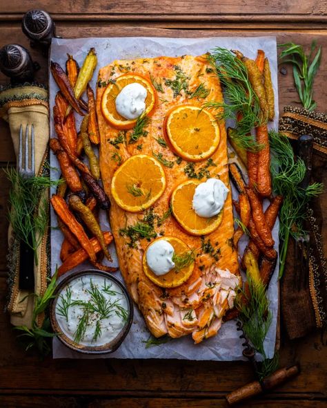 Side Of Salmon, Dennis Prescott, Community Gathering, Herb Sauce, Salmon Dinner, Seafood Dinner, At The Table, Be Thankful, Food Platters