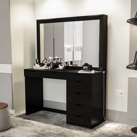 Vanity Ideas Bedroom Black, Black Vanity Bedroom, Black Themed Room, Bedroom Inspo Black, Bedroom Vanity With Lights, Black Vanity Table, Black Vanity Desk, Black Makeup Vanity, Modern Vanity Table