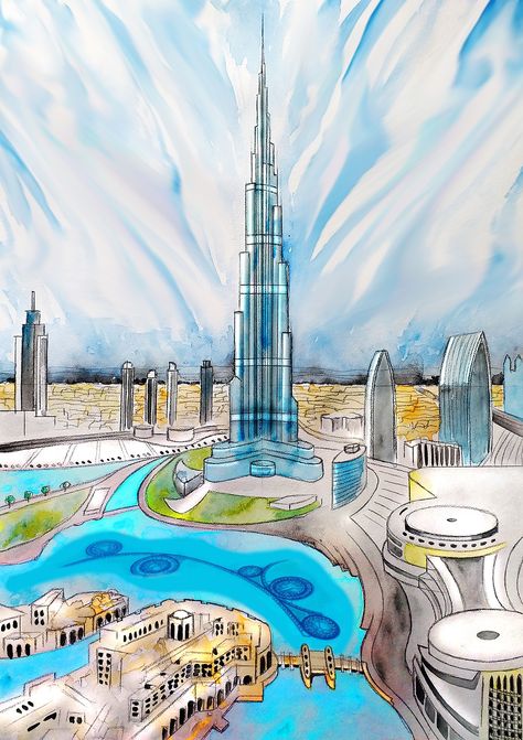 Dubai U A E, #Dubai Burj Khalifa Architecture, Architecture Painting Acrylic, Dubai Burj Khalifa, Dubai Art, Holiday Booking, Islamic Art Canvas, Digital Invitations Wedding, Dream Hotels, Architecture Painting