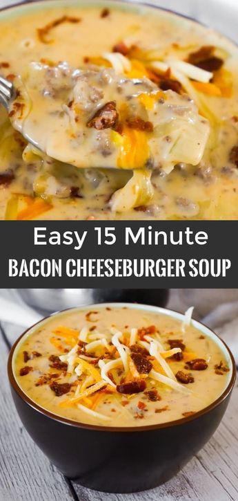 Bacon Cheeseburger Soup is a hearty soup recipe that can be whipped up in just fifteen minutes. This tasty dish made with Campbell's Cream of Bacon soup and Campbell's Cheddar Cheese soup, is loaded with ground beef, real bacon bits and cheddar cheese. Cream Of Bacon Soup, Campbells Soup Recipes, Bacon Cheeseburger Soup, Cheese Burger Soup Recipes, Hearty Soup Recipes, Shepards Pie, Cheese Soup Recipes, Soup With Ground Beef, Cheddar Cheese Soup