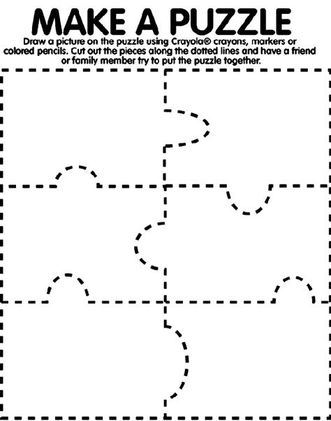 1. Use Crayola® crayons, colored pencils, or markers to draw a picture across the puzzle page.   2. Cut out the puzzle pieces along the dotted lines.   3. Ask a friend or family member to try to put the puzzle together. Create A Puzzle Printable, Create Your Own Puzzle Template, Puzzle Piece Scavenger Hunt, Blank Puzzle Template Free Printable, Puzzle Crafts For Kids, Puzzle Template Free Printable, Create A Puzzle, Blank Puzzle Pieces, Make A Puzzle