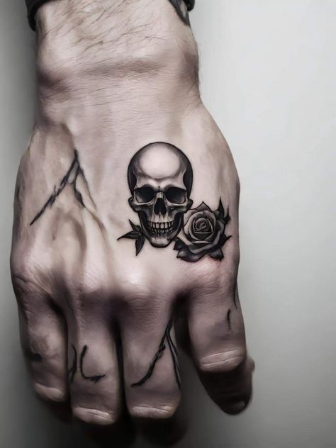 Skulls Hand Tattoo, Small Skull Head Tattoo, Cool Skull Tattoos Men, Small Hand Tattoo Ideas For Men, Basic Skull Tattoo, Dark Tattoo Designs Men, Tattoos Men Skull, Skull With Beard Tattoo, Tattoo Ideas For Men Skull