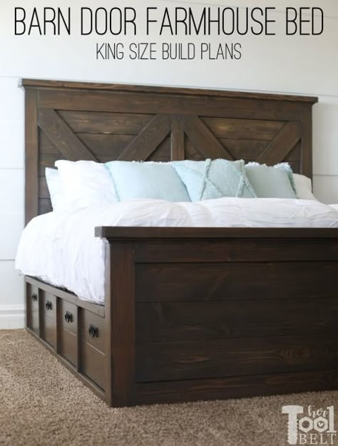 Build a barn door farmhouse bed with X headboard. Free king size bed building plans on hertoolbelt.com. King Size Bed Frame Diy, Diy King Bed Frame, Diy King Bed, Diy Farmhouse Bed, Farmhouse Bed Frame, Bed Frame Diy, Bed Frame Plans, Farmhouse Bed, Bed Design Ideas