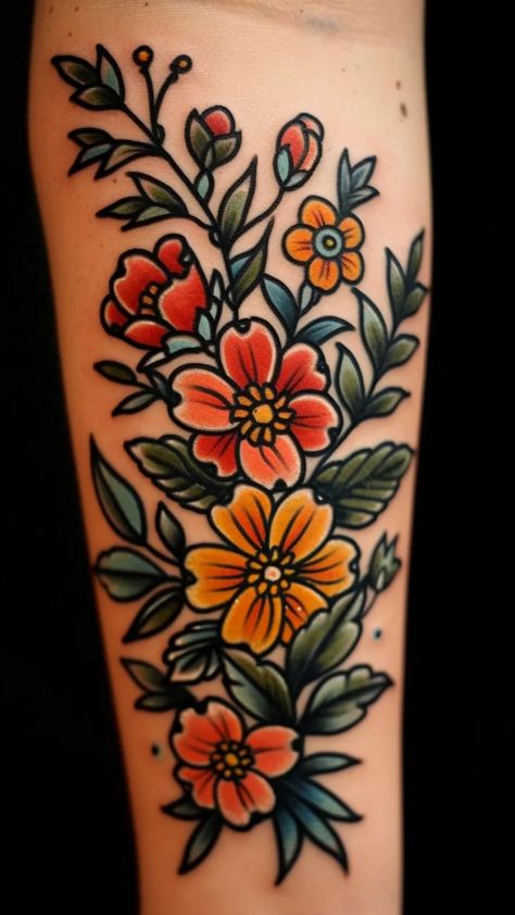 Discover stunning August Birth Flower tattoo design ideas for women. From traditional to neo-traditional styles, explore beautiful Gladiolus and Poppy tattoo inspirations. Whether you're into thigh, arm, or sleeve tattoos, find colorful and small tattoo ideas perfect for celebrating your August birthday. Traditional Flower Sleeve Tattoo, Traditional Flower Tattoo Color, Traditional Gladiolus Tattoo, February Flower Tattoo Violets, Traditional Style Flower Tattoo, Neo Traditional Flower Tattoo Design, Primrose Flower Tattoo, Neo Traditional Flower Tattoo, Violet Tattoo Flower