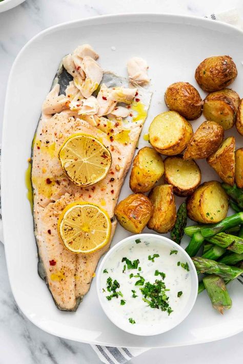 Sheet Pan Trout Asparagus and Potatoes is a simple, light, 40-minute weeknight dinner recipe. Easy to make and great for family dinners. Asparagus And Potatoes, Salmon And Asparagus, Weeknight Dinner Recipe, Think Food, Family Dinners, Health Facts, Dinner Recipe, Weeknight Dinner, Sheet Pan