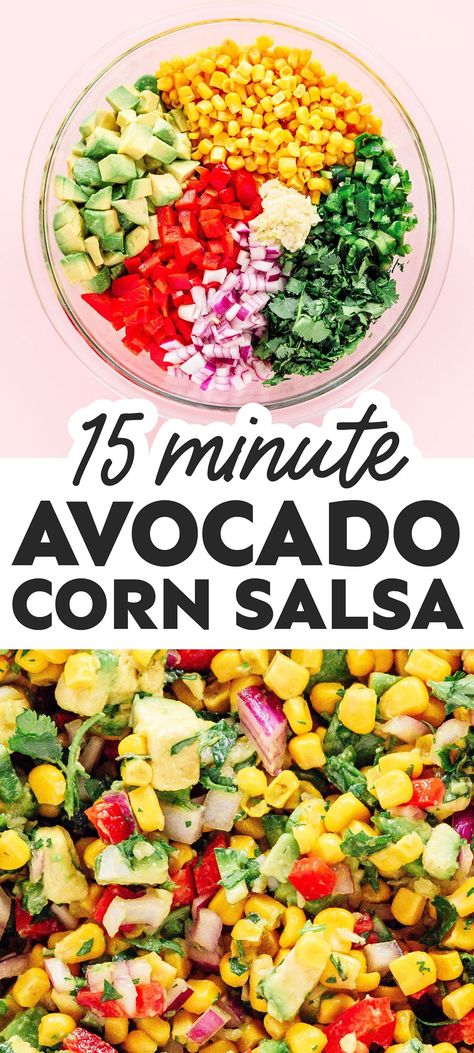 This easy avocado corn salsa takes, just as long as it takes to dice everything up! Loads of texture and flavor + ready in 10 minutes. It's a vegetarian and vegan appetizer recipe that's a healthy dip idea for Cinco De Mayo (or any potluck gathering). Vegan Party Snacks, Avocado Corn Salsa, Healthy Dip, Vegan Appetizers Recipes, Vegan Appetizer, Vegan Party Food, Healthy Vegetarian Dinner, Low Carb Vegetarian Recipes, Healthy Dips