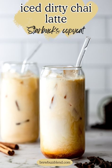 Two tall glasses of iced dirty chai latte sitting on a marble counter. Copycat Tazo Chai Concentrate, Hot Chai Tea Latte Recipe, Chai Frappe Recipe, Dirty Chai Latte Starbucks, Iced Chai Tea Latte Recipe, Dirty Chai Latte Recipe, Starbucks Chai Tea Latte Recipe, Starbucks Drink At Home, Hot Chai Tea