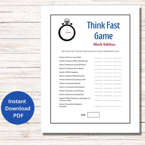 Think Fast Game-Work Edition Perfect for Staff Meetings, Office Party Games, Office Icebreaker, or just getting to know your coworkers better.  This fun game is great for team building and builds staff morale.  Can even be used at the office Christmas Party. Includes an 8.5x11 PDF download Check out my shop for coordinating games to go along with this one! *This is a digital download, which means you will receive a PDF instantly with your purchase.  The PDF can be printed on your home printer or Office Challenge Ideas, Games To Play With Staff, Fun Team Building Activities For Work Morning Meetings, Office Ice Breakers Staff Meetings, Fun Work Games, Work Games For Staff, Team Building Games For Coworkers, Meeting Openers, Staff Meeting Games