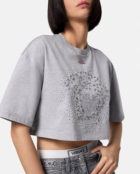 Crystal Medusa Crop Boxy T-Shirt Versace Bathrobe, Medusa Head, Cotton Crop Top, Versace Shirt, Oversized Denim Jacket, Cropped T Shirt, Matches Fashion, Crystal Embellishment, Crop Tshirt