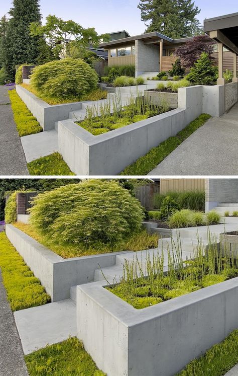 10 Inspirational Ideas For Including Custom Concrete Planters In Your Yard // These built in concrete planters welcome people to the… Diy Garden Landscaping, Moderne Have, Modern Garden Design, Walled Garden, Diy Weaving, Modern Backyard, Have Inspiration, Modern Planters, Concrete Planters