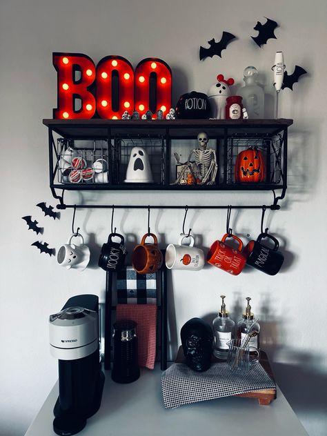 Goth Coffee Bar Ideas, Spooky Coffee Bar Ideas, Small Coffee Bar Ideas Apartments, Gothic Coffee Bar, Goth Coffee Bar, Halloween Coffee Station, Spooky Coffee Bar, Modern Goth Home, Casa Rock