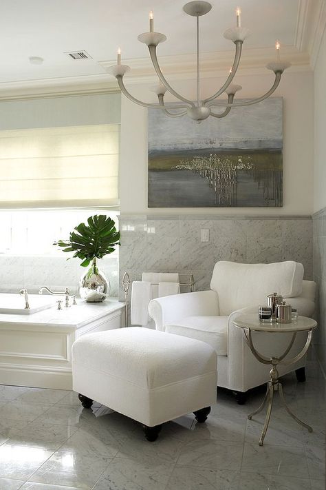 Turn the bathroom into a relaxing hangout with club chair, ottoman and side table [Design: Lynne Scalo Design] Bathroom Chair, White Ottoman, White Accent Chair, Sitting Chair, Small Accent Chairs, Transitional Bathroom, Greenwich Ct, Side Table Design, Small Side Table