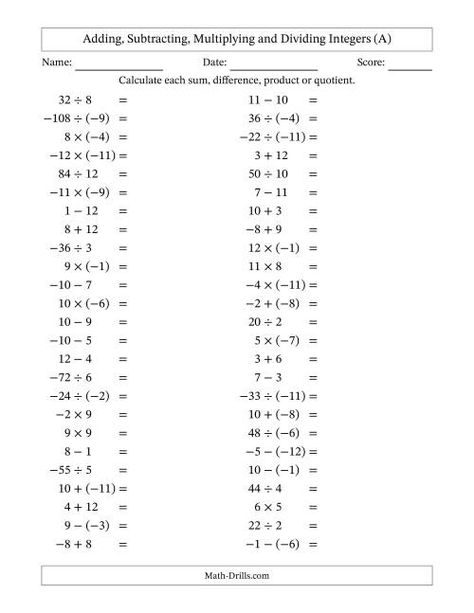 The Adding, Subtracting, Multiplying and Dividing Mixed Integers from -12 to 12 (50 Questions) (A) Math Worksheet Integers 7th Grade Math Worksheets, Multiply And Divide Integers, Subtracting Integers Worksheet, Multiplying And Dividing Integers, 7th Grade Math Worksheets, Dividing Integers, Adding And Subtracting Integers, Integers Worksheet, Subtracting Integers