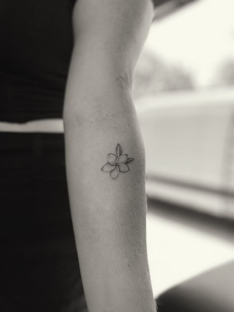 detailed flower tattoo, fine line, dainty tattoo, plumeria Small Tropical Flower Tattoos For Women, Tiny Hawaiian Flower Tattoo, Dainty Plumeria Tattoo, Minimalist Plumeria Tattoo, Plumeria Tattoo Behind Ear, White Plumeria Tattoo, Black And White Plumeria Tattoo, Fine Line Hawaiian Flower Tattoo, Fragipanni Flower Tattoo