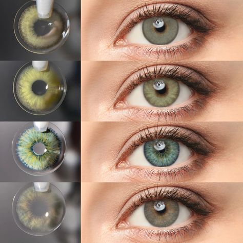 Four green lenses to try on.🌿😊 Super cute, very comfortable, and best of all, you can order them with prescriptions. 💚⁠ >>> #CrystalGreen⁠ #GraceGreen⁠ #AlphaGreen⁠ #AsaGreen⁠ #just4kira #shades #coloredcontactlens #greenlenses Olive Green Contact Lenses, Natural Green Contact Lenses, Green Lenses Eye, Green Eye Color, Colour Contact Lenses, Green Contact Lenses, Contact Lenses For Brown Eyes, Yellow Green Eyes, Solotica Lenses