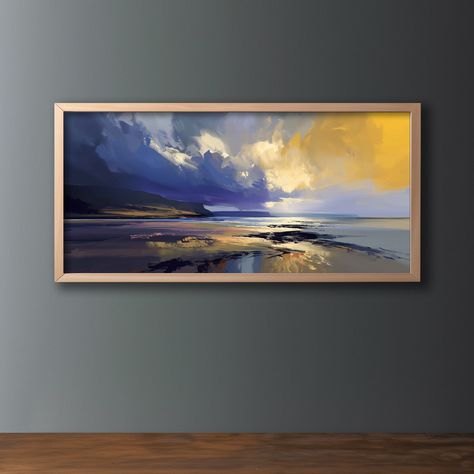 This digital print depicts an early morning walk on a Donegal beach in Ireland as a storm begins to roll in. The sunrise struggles to break through the ominous dark clouds, casting light and a cascade of vibrant colours across both the sky and beach. Based on an original oil painting, this digital print will make an ideal gift for dog walkers, outdoor enthusiasts, or as a treat for yourself. This high-quality digital print is produced on premium museum-grade heavyweight paper, giving it a textur Oil Paintings Landscape, Beach Landscape Painting, Loose Painting, Abstract Beach Painting, Ireland Beach, Horizontal Painting, Oil Painting Pictures, Dog Walker Gift, Donegal Ireland