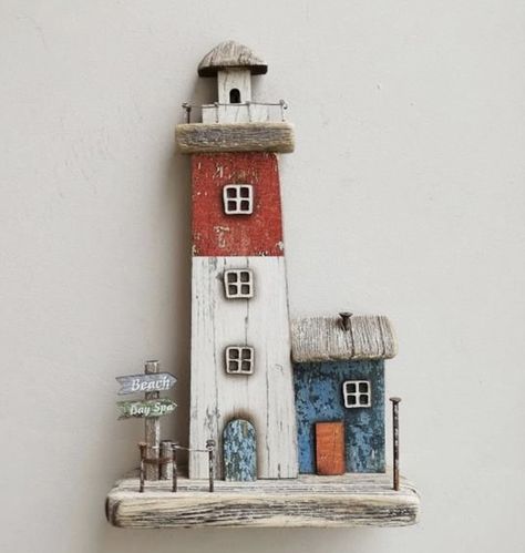 Wooden Lighthouse, Lighthouse Beach, Driftwood Projects, Driftwood Crafts, Rustic Boho, Beach Crafts, Miniature Houses, Driftwood Art, Wooden Crafts