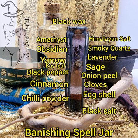 Spell jar for banishing bad habits, negativity, etc. Repel Negativity Spell Jar, Banishing Spell Jars Recipes, Banishing Jar Spell, Banish Spell Jar, Banishing Negative Energy Spell Jar, Banish Negativity Spell Jar, Tiny Spell Jars, Banishment Spell Jar, Banishing Spell Person Jar