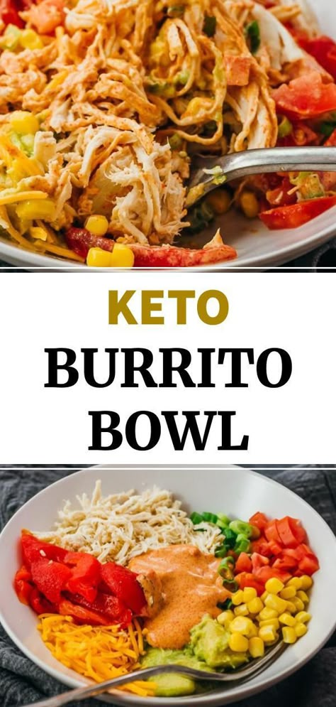 Copycat Chipotle Bowl, Keto Shredded Chicken, Keto Burrito Bowl, Keto Burrito, Burrito Chicken, Shredded Chicken Burrito, Southwest Sauce, Chicken Instapot, Burrito Bowl Meal Prep